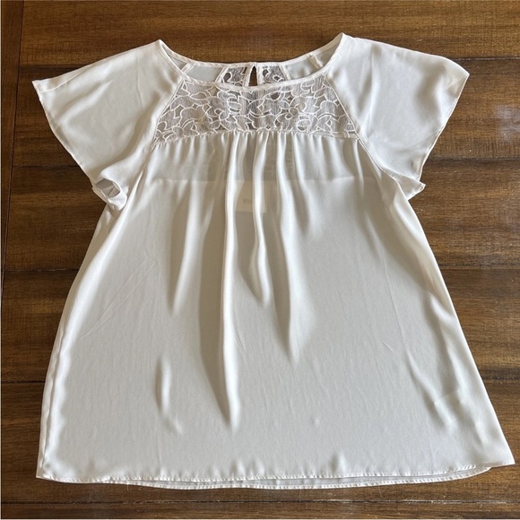Anthropologie Maeve Lace Trace Tee Blouse Women's 10 Ivory Flutter Sleeve Top - Picture 2 of 15